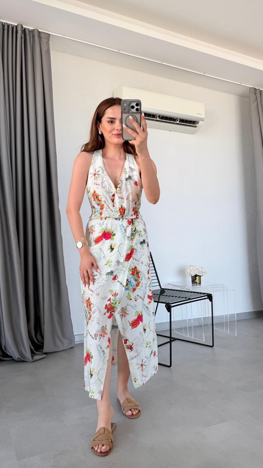Desenli Hina Yırtmaç Detaylı Elbise