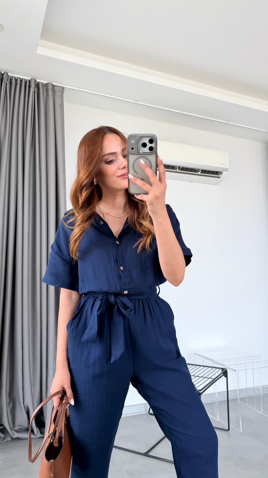 Lacivert Uzun Valencia Beli Bağlamalı Gömlek Yaka Tulum