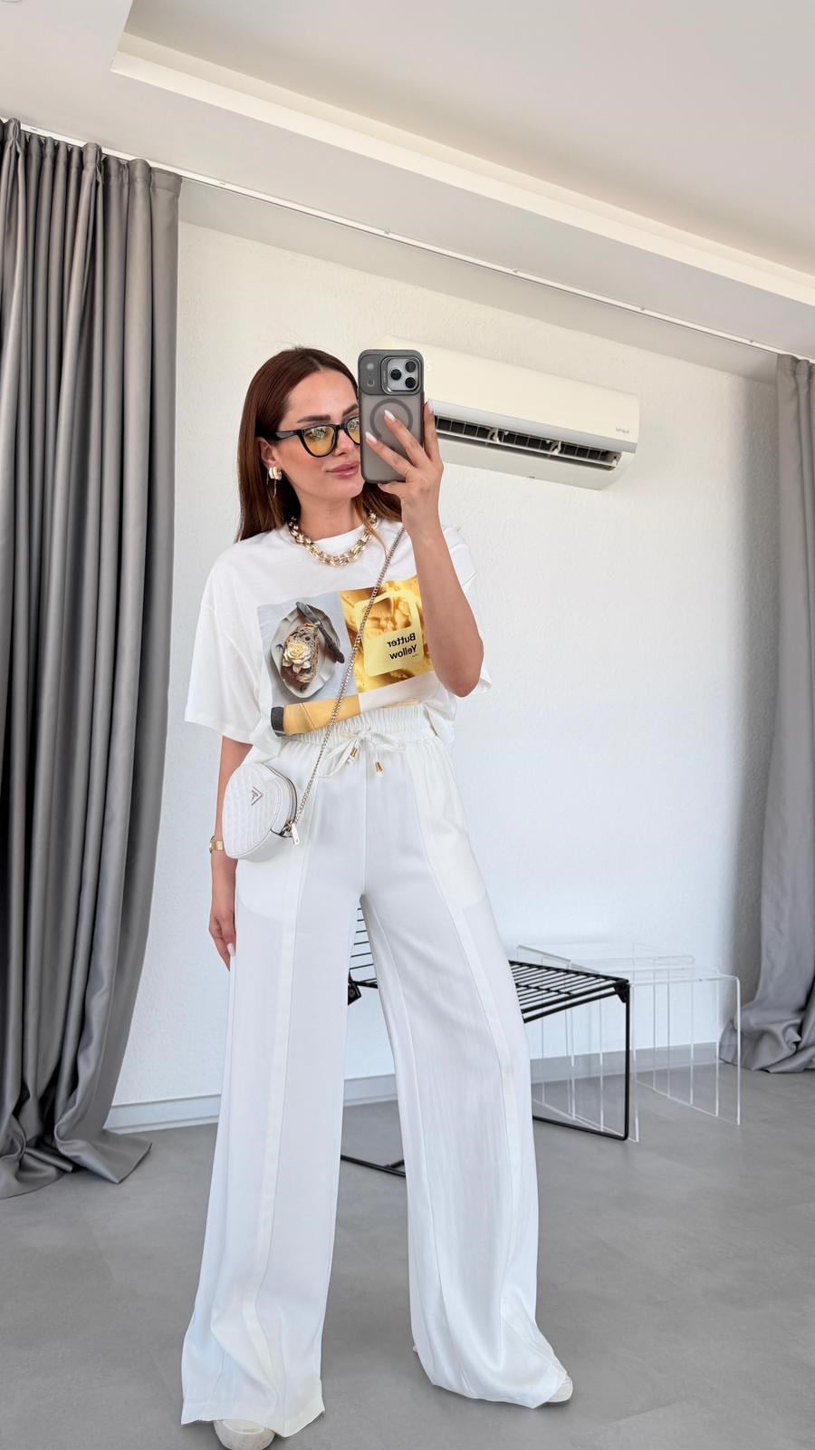 Beyaz Kala Beli Lastikli Bol Paça Pantolon
