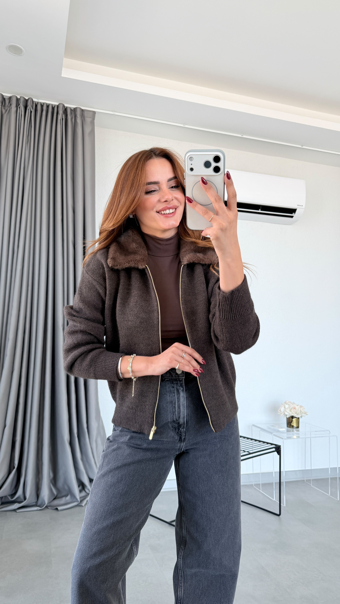 Kahve Peluş Yaka Triko Hırka