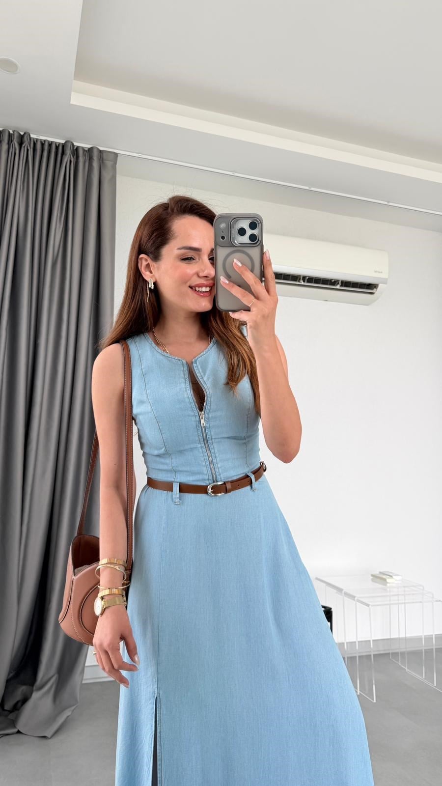 Açık Mavi Tampa Yıkamalı Tensel Elbise