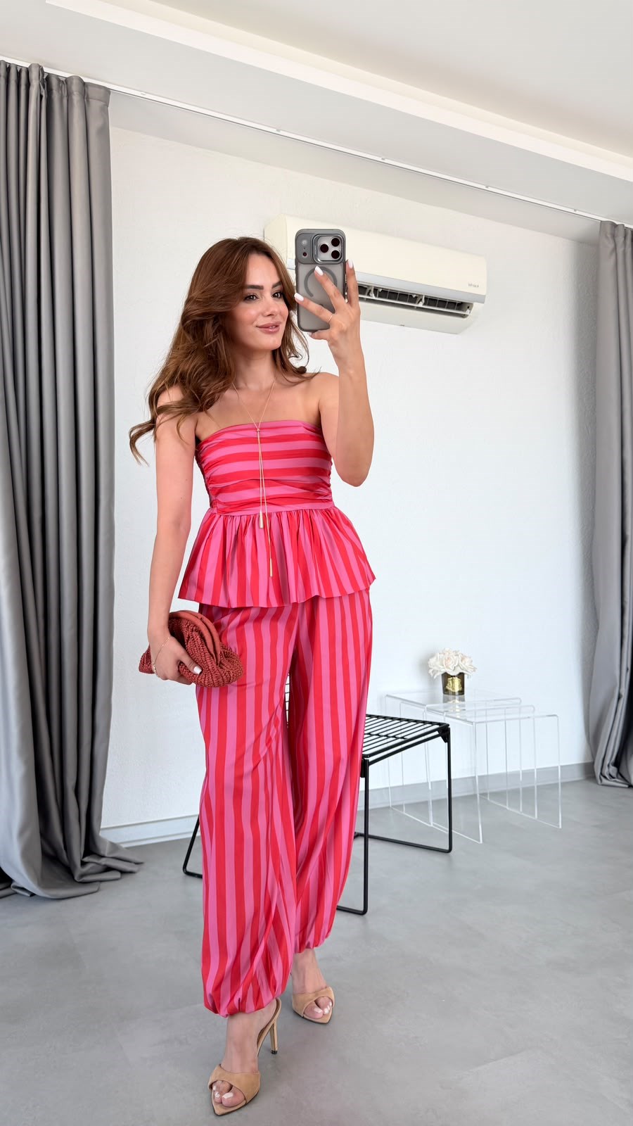 Nar Çiçeği Teria Çizgili Straplez Bluz Pantolon Takım