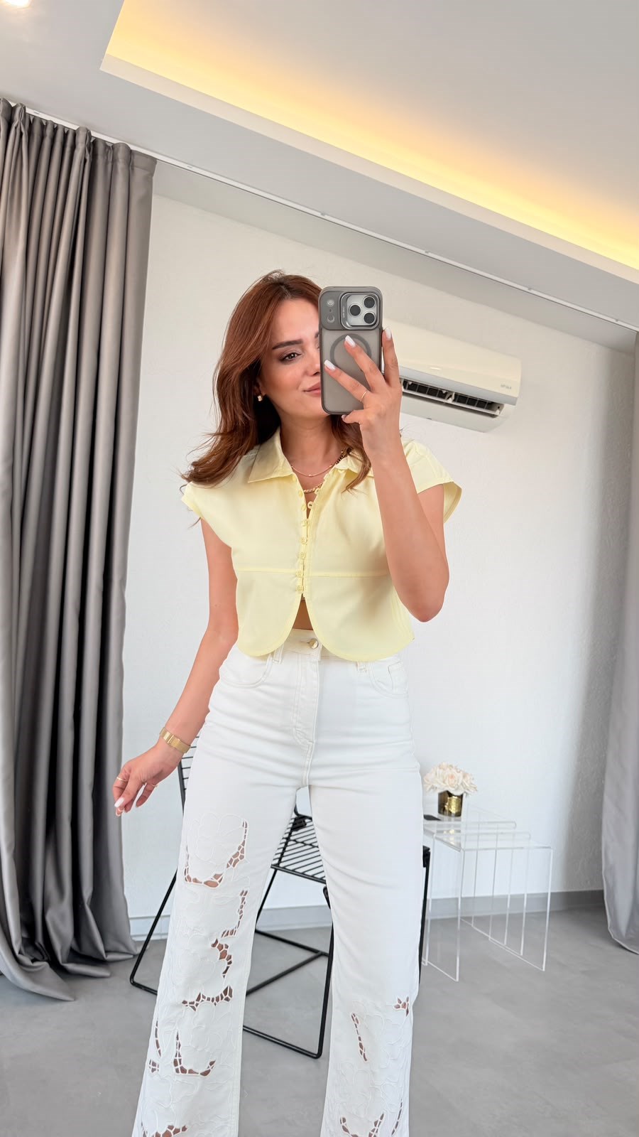 Sarı Fiona Önü Britli Crop Gömlek
