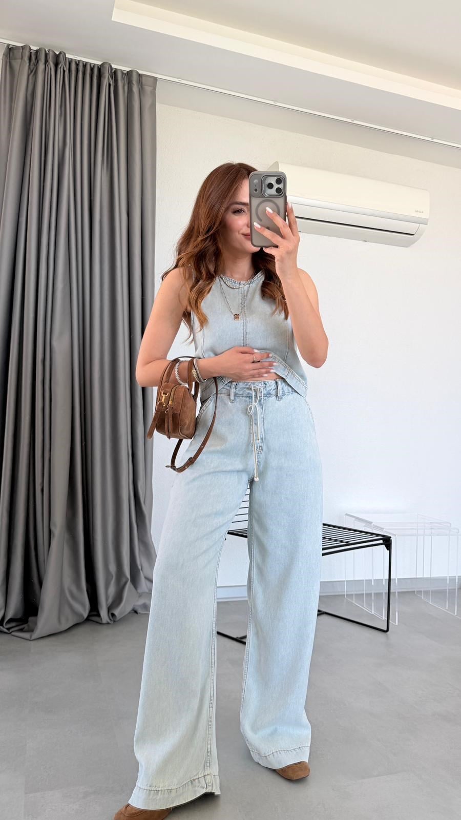 Buz Mavi Galadriel Sıfır Kol Denim Bluz Pantolon Takım