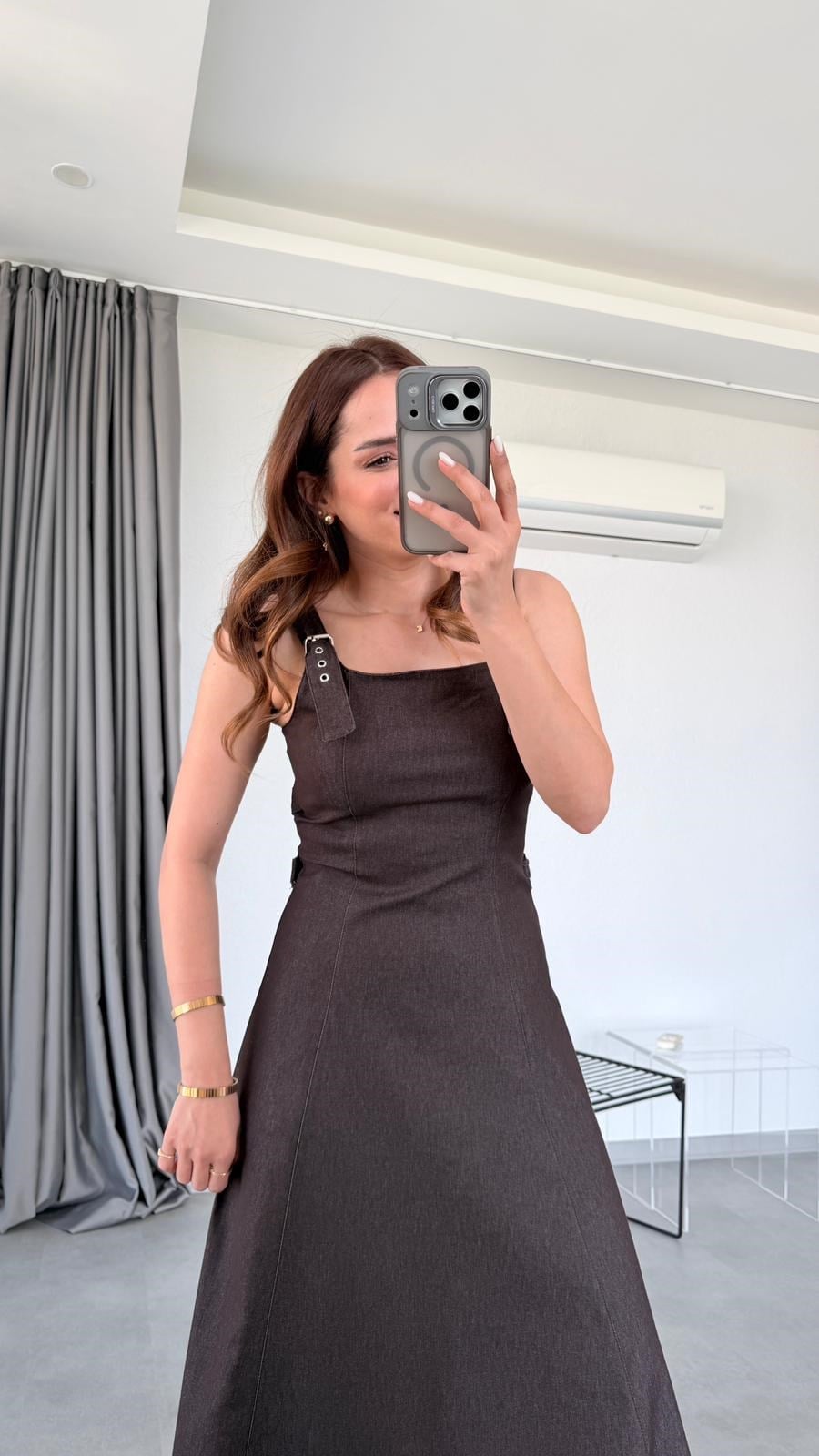 Kahve Rose Ayarlanabilir Askılı Denim Elbise
