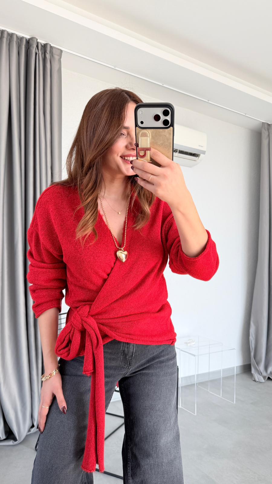 Kruvaze Bağlama Detaylı Triko Kazak