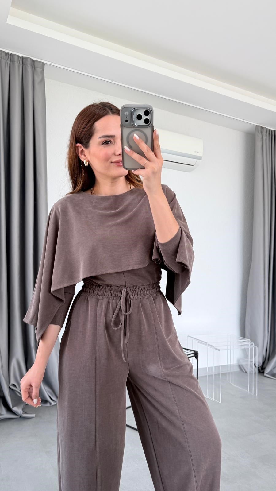 Kahve Era Modal Pelerin Bluz Takım