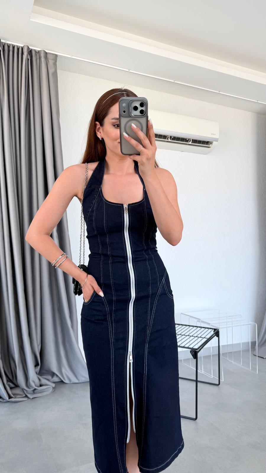 Lacivert Sirius Önü Fermuarlı Denim Elbise