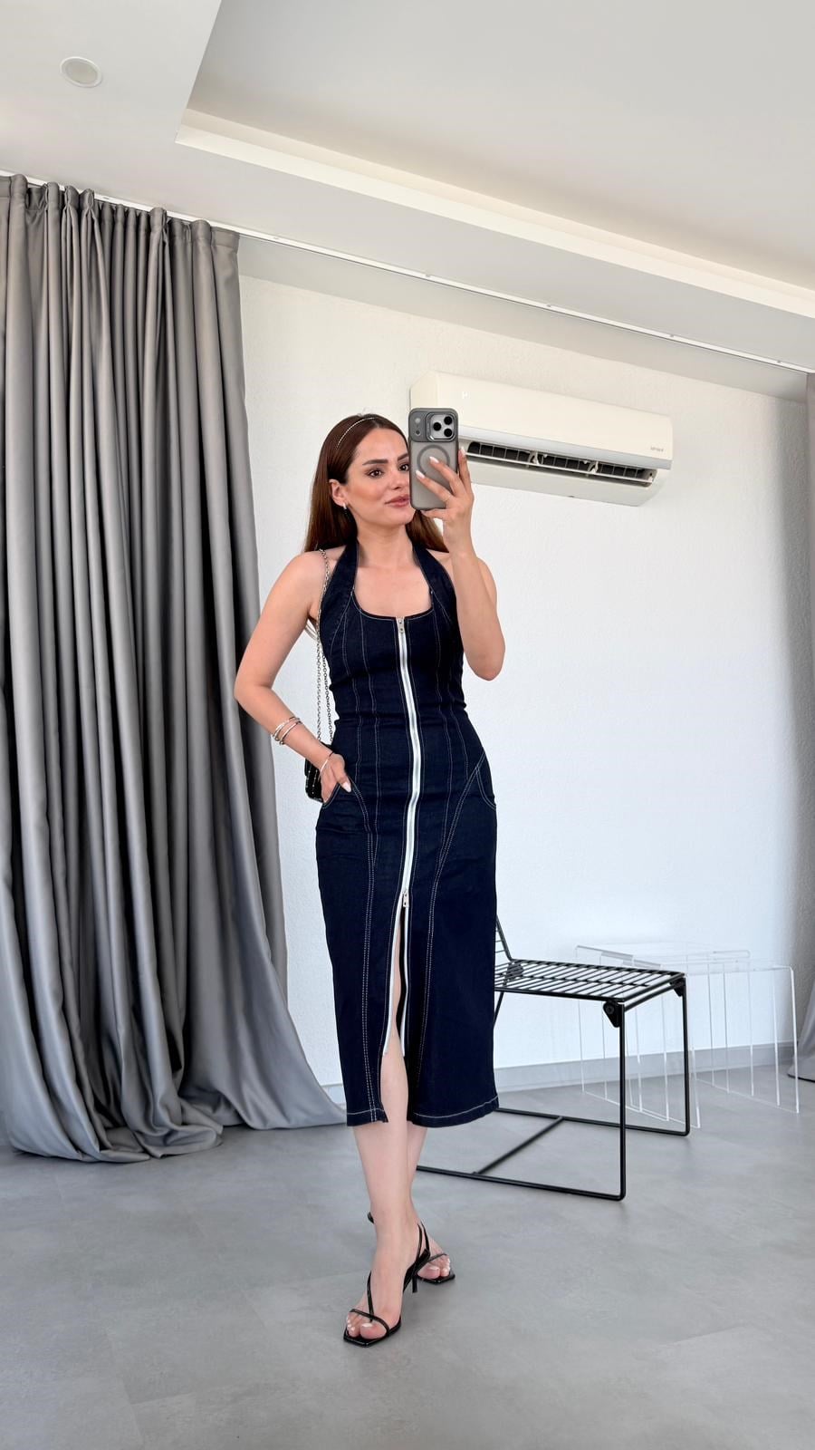 Lacivert Sirius Önü Fermuarlı Denim Elbise