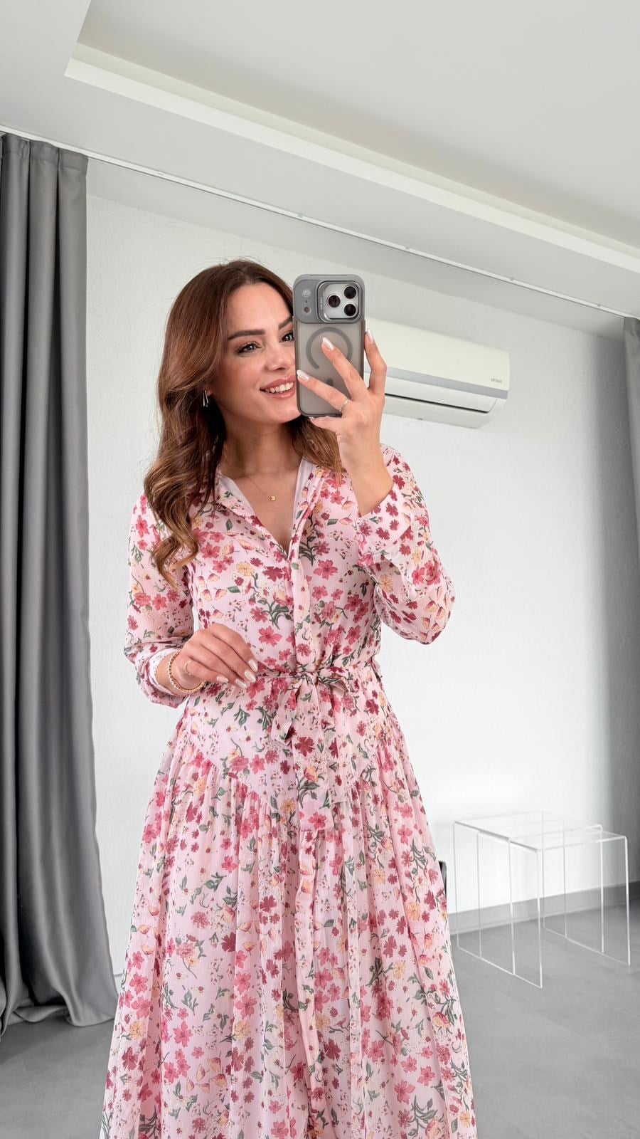Angel Çiçek Desenli Maxi Gömlek Elbise