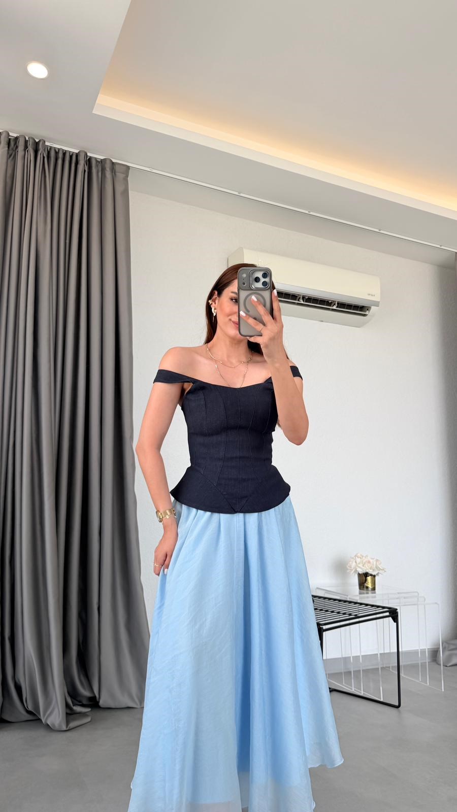 Lacivert Galanthia Kalın Askılı Denim Bluz