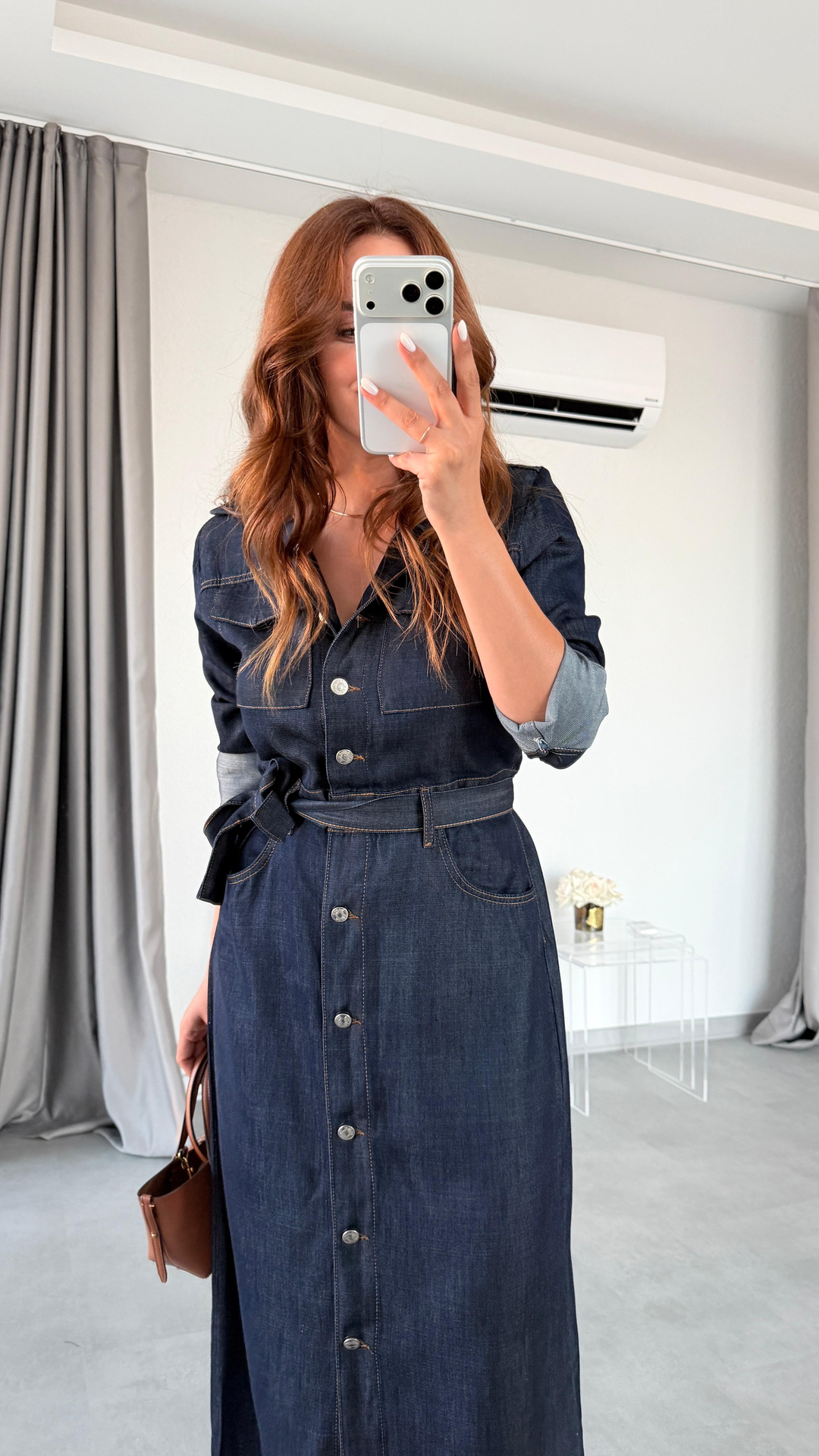 Lacivert Gloria Boydan Düğmeli Cepli Kuşaklı Denim Elbise