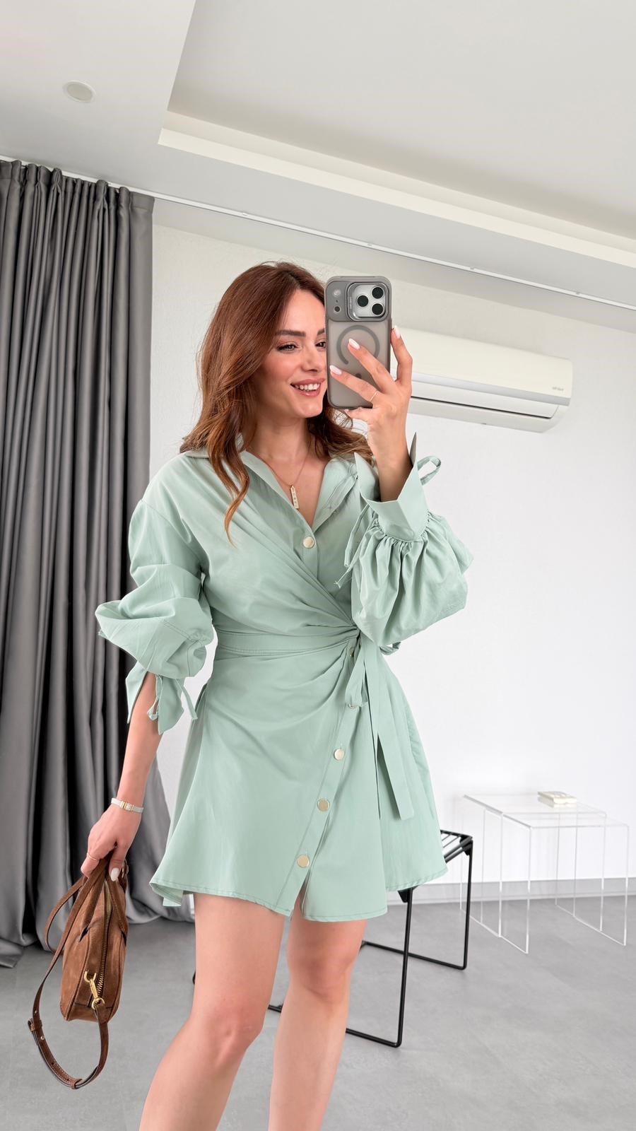 Su Yeşili Kahire Tasarım Mini Elbise