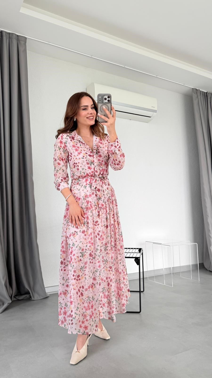 Angel Çiçek Desenli Maxi Gömlek Elbise