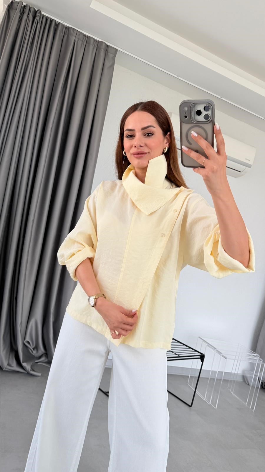 Sarı Elsa Dik Yakalı Gömlek
