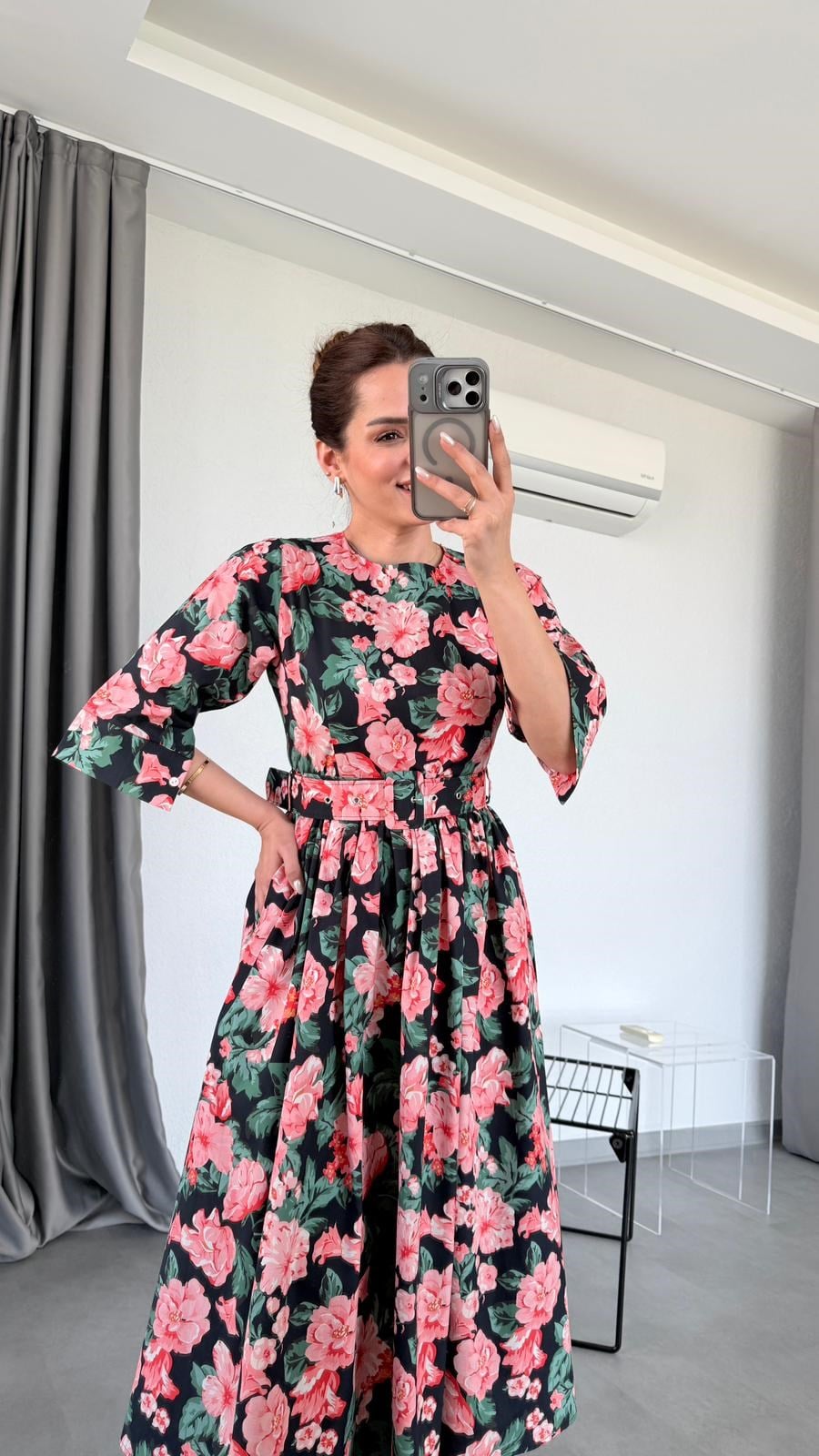 Lacivert Erica Çiçek Desenli Kemerli Elbise