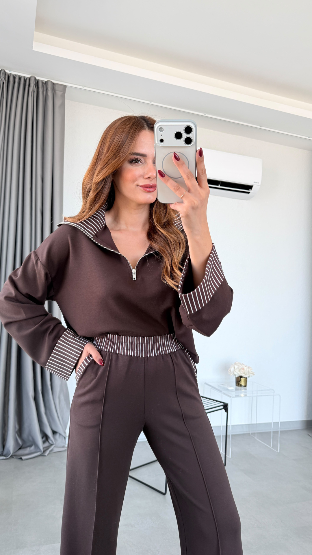 Kahve Bria Çizgi Detaylı Modal Kumaş Takım