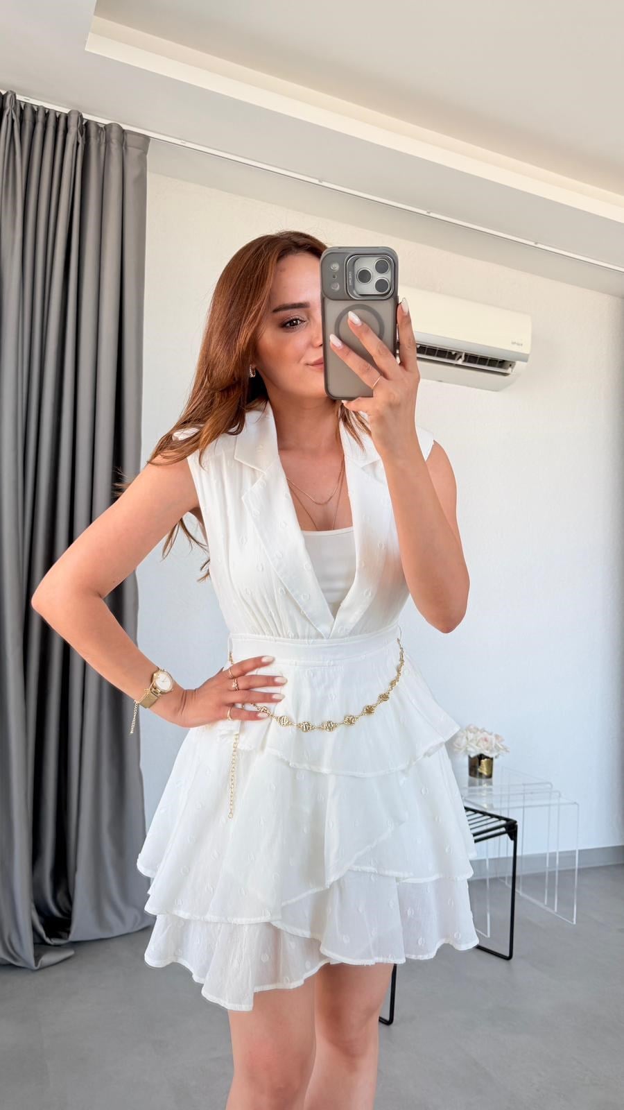 Ekru Flair Fırfır Detaylı Elbise