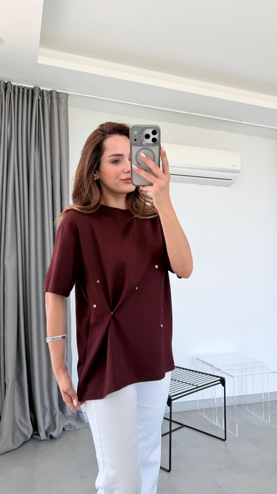 Bordo Juliet Çıtçıt Detaylı Tişört