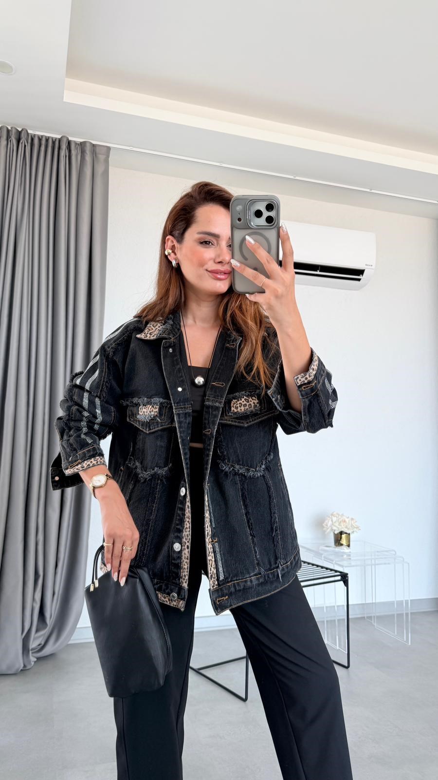 Siyah Elanor Leopar Desen Detaylı Ceket
