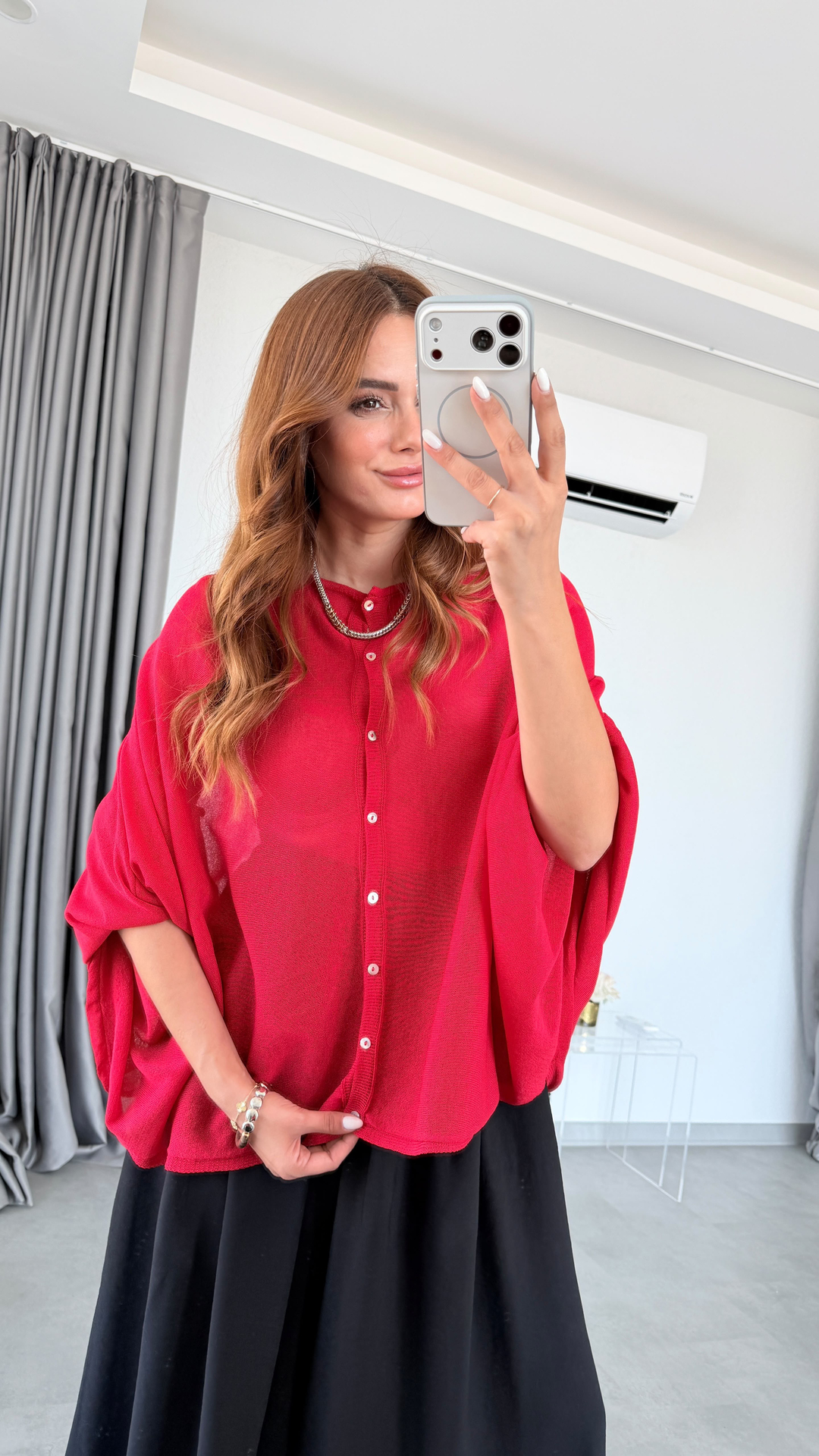 Kırmızı Vilan Transparan Pelerinli Hırka