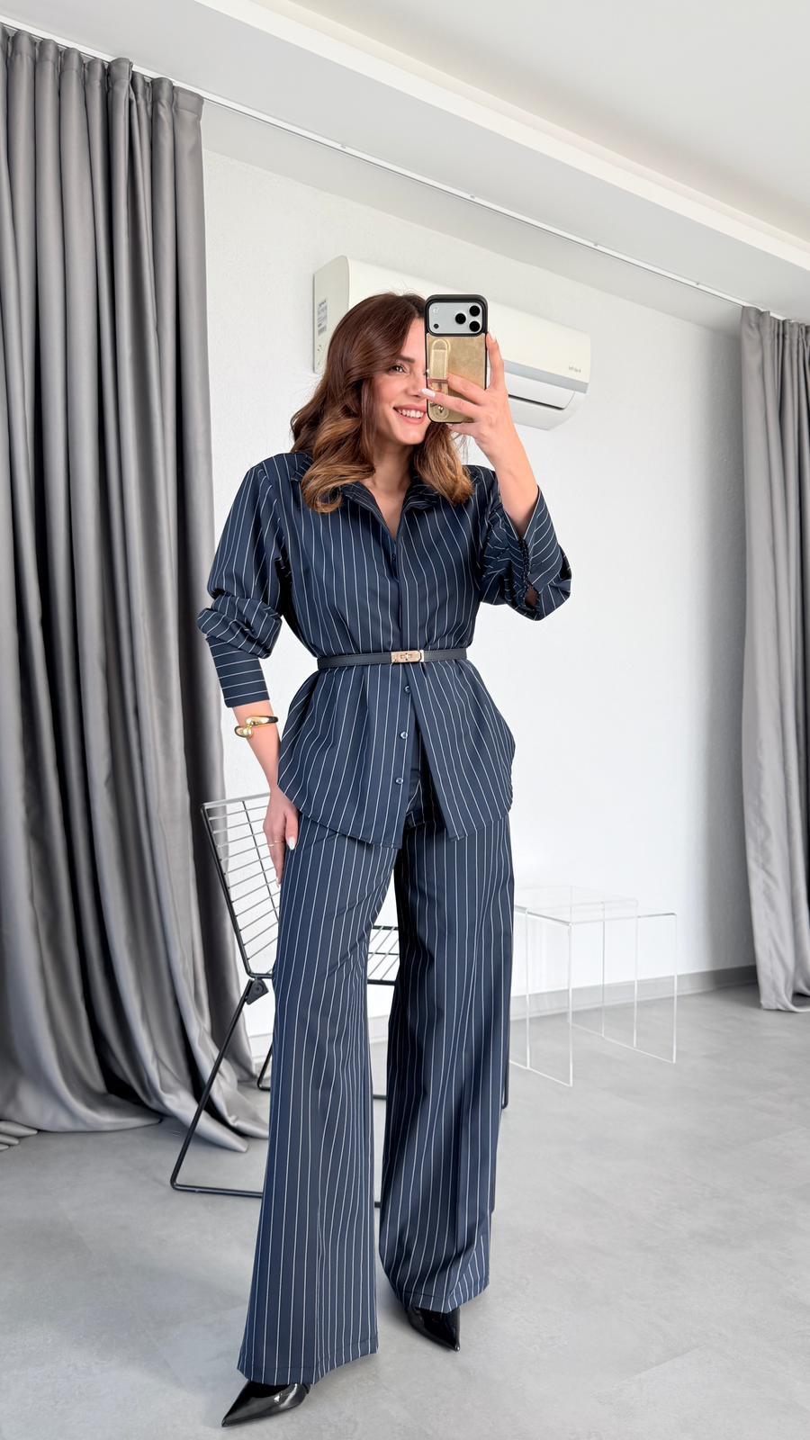 Çizgili Gömlek Pantolon Takım