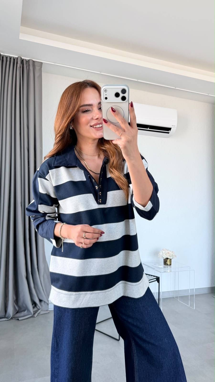 Lacivert Badas Metal Kopçalı Polo Yaka Sweatshirt