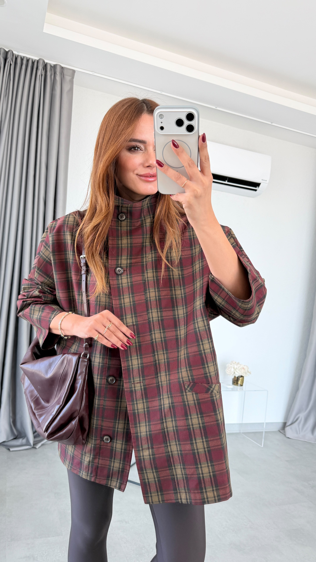 Bordo Kohan Ekose Dik Yaka Bomber Ceket