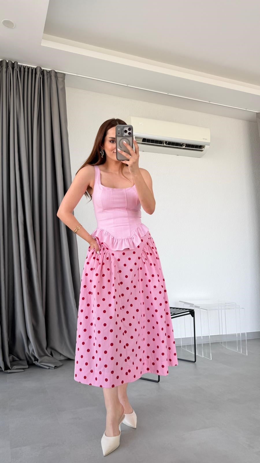 Pembe Jale Kırmızı Puantiye Detaylı Etek