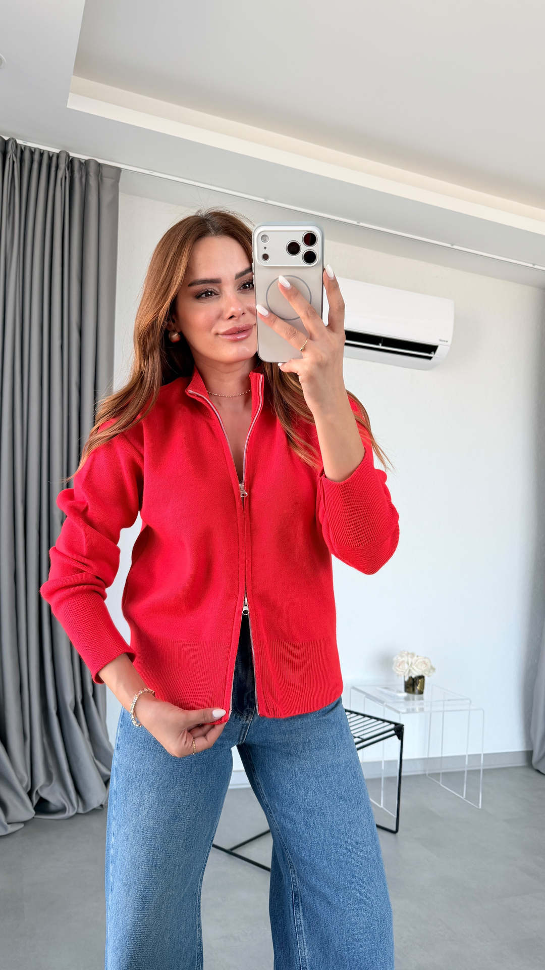 Kırmızı Arandis Çift Yön Fermuarlı Hırka
