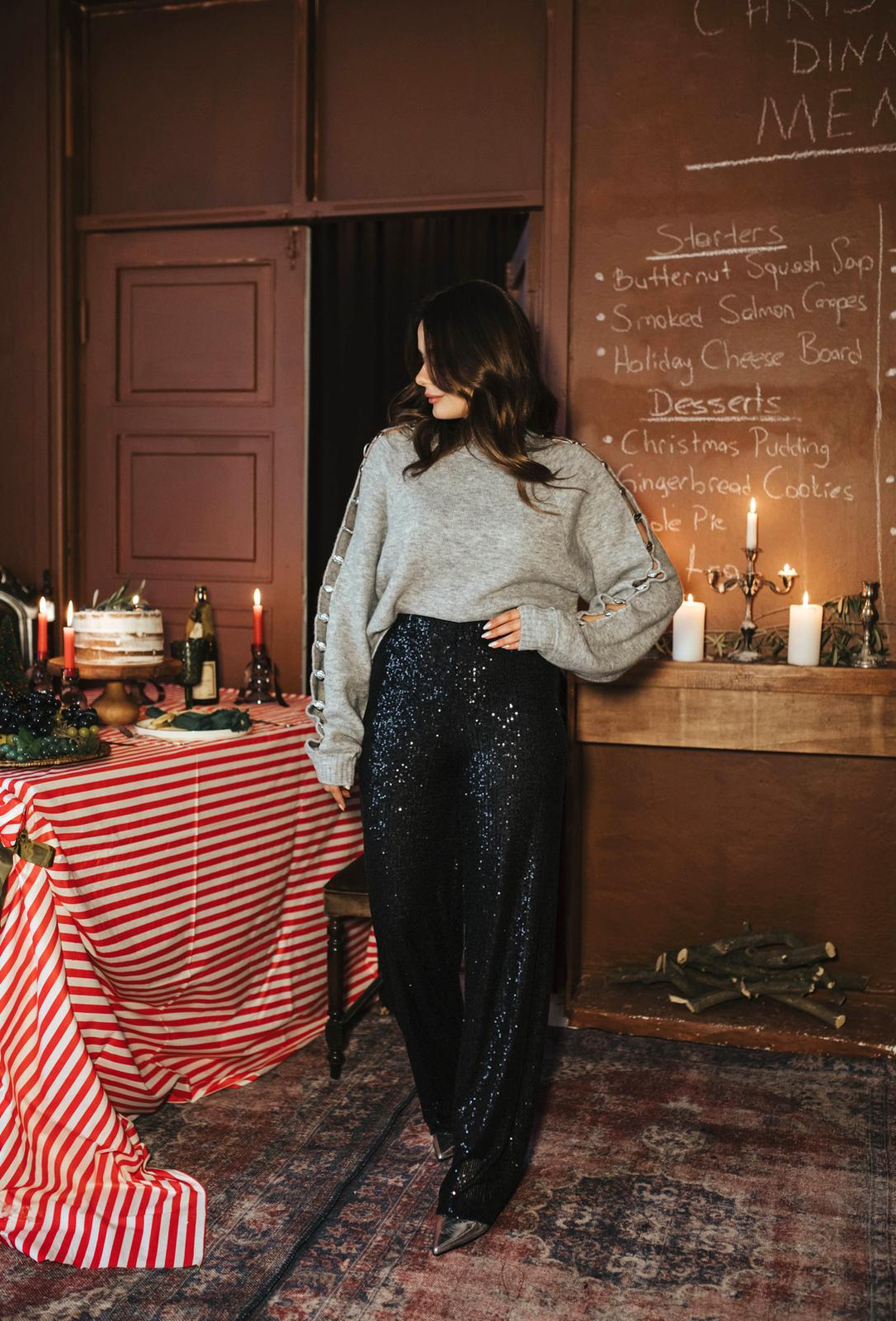 Siyah Kendinden Simli Taşlı Pantolon