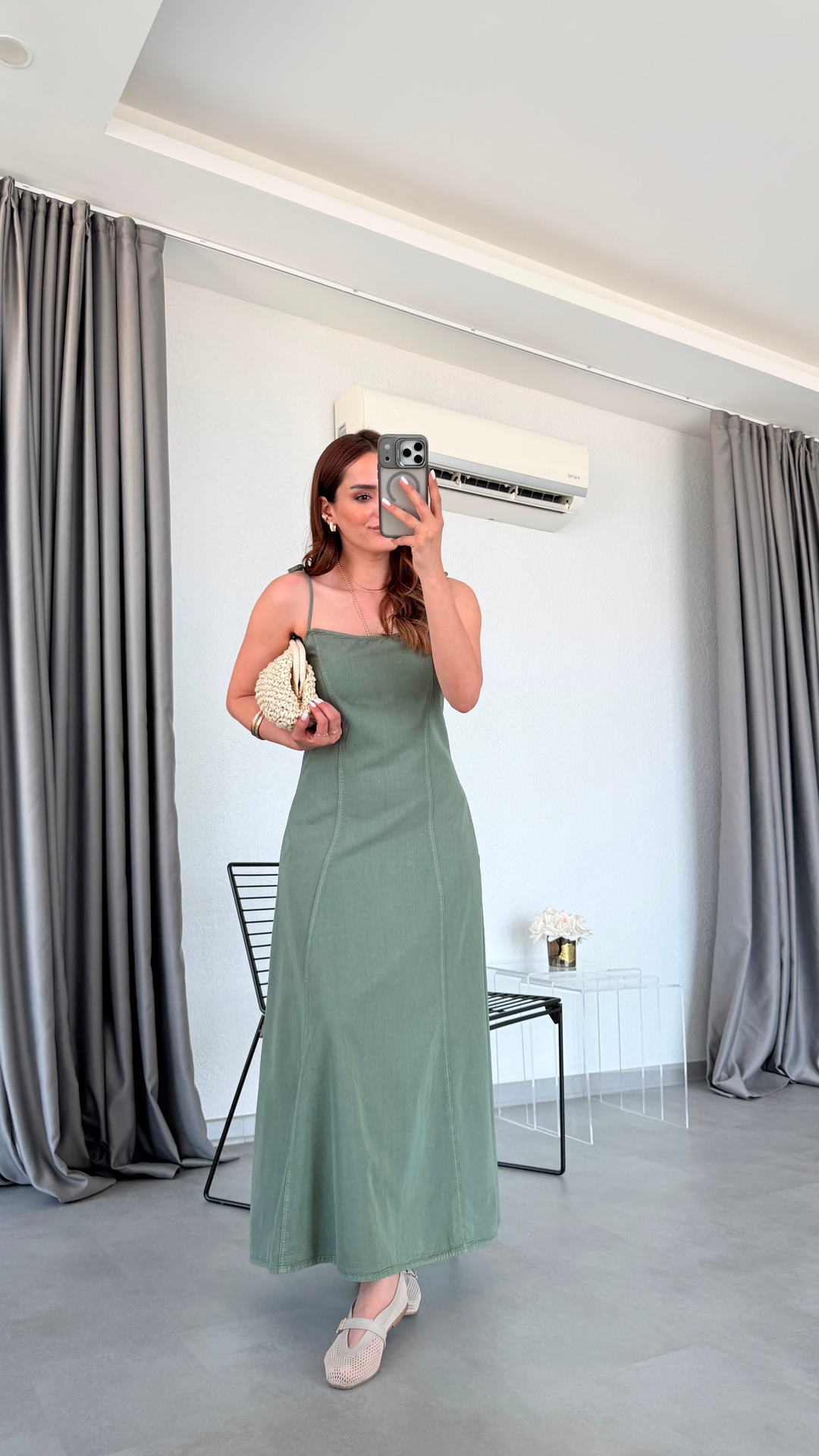 Haki Luton İp Askılı Elbise