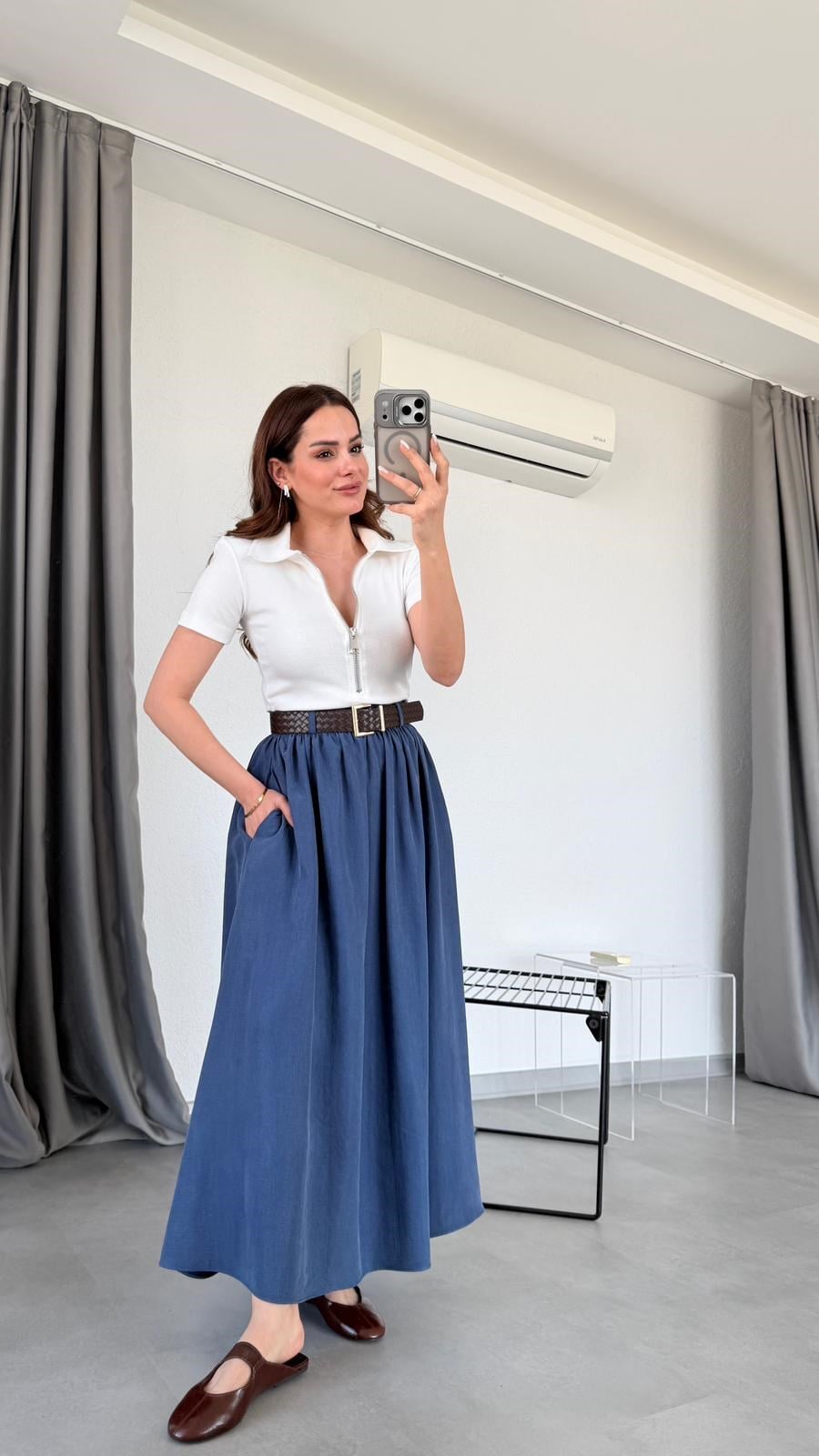 Mavi Bloom Kemer Detaylı Etek