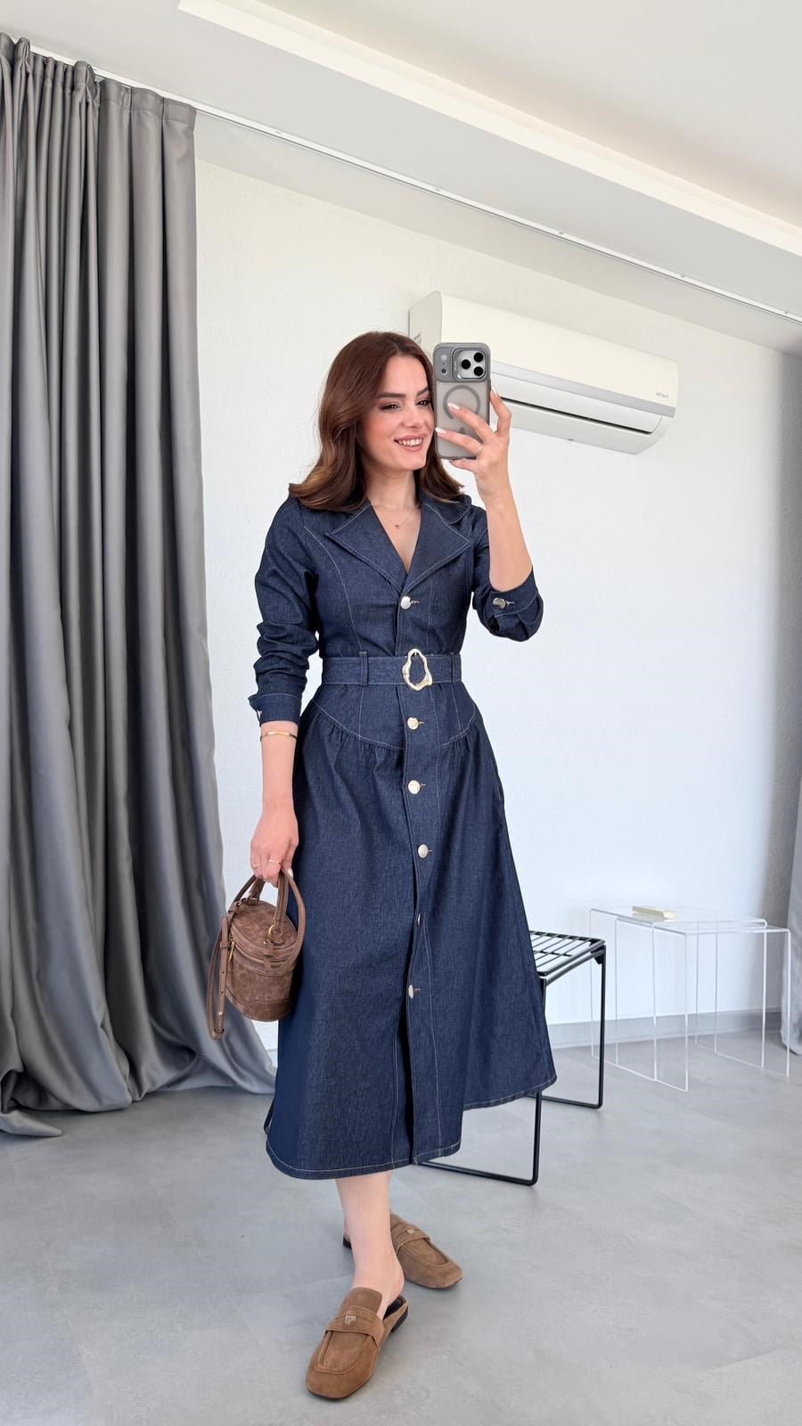 Lacivert Vesta Likralı Jean Kemerli Elbise