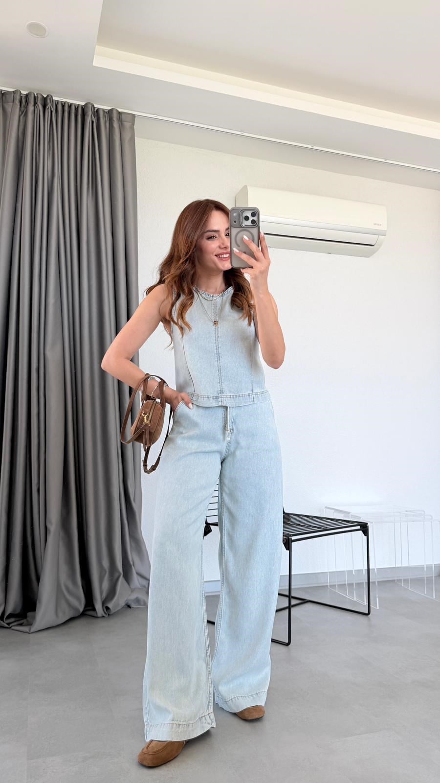 Buz Mavi Galadriel Sıfır Kol Denim Bluz Pantolon Takım