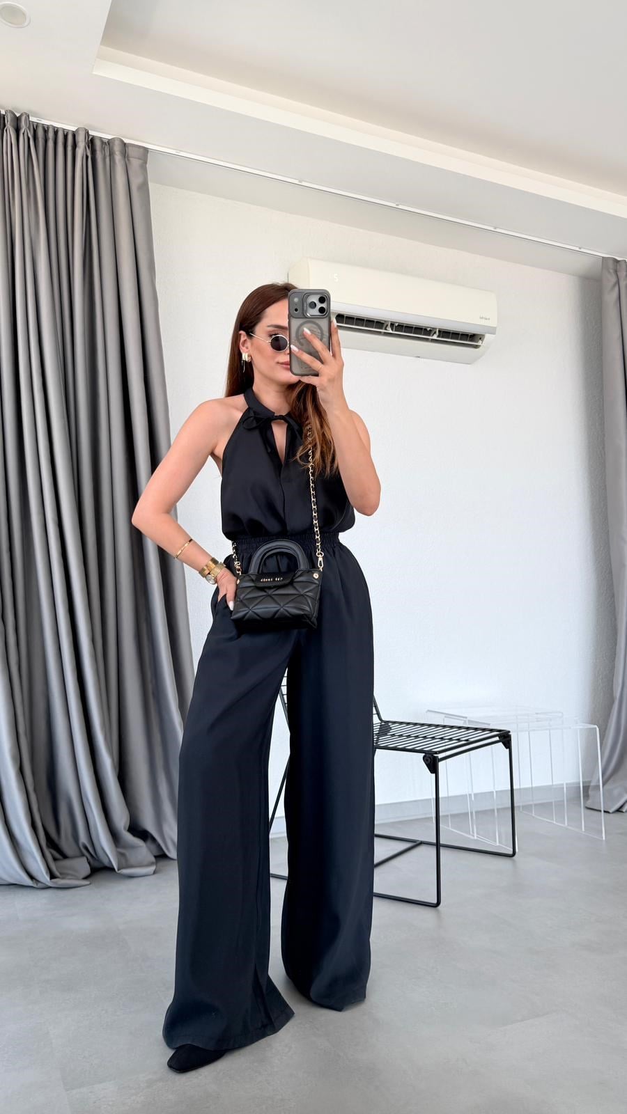 Siyah Castor Halter Yaka Bluz Pantolon Takım