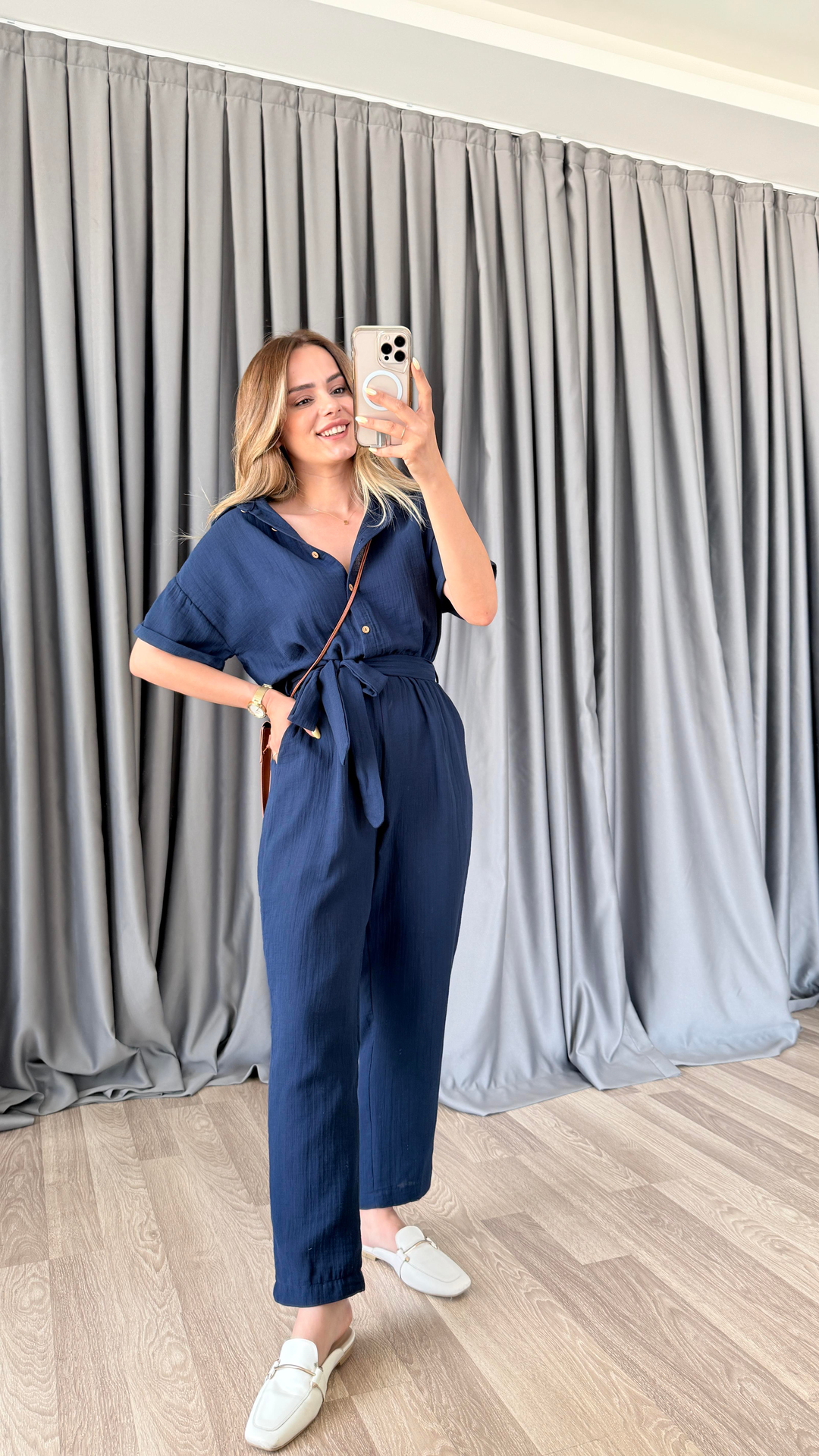 Valencia Beli Bağlamalı Gömlek Yaka Uzun Tulum