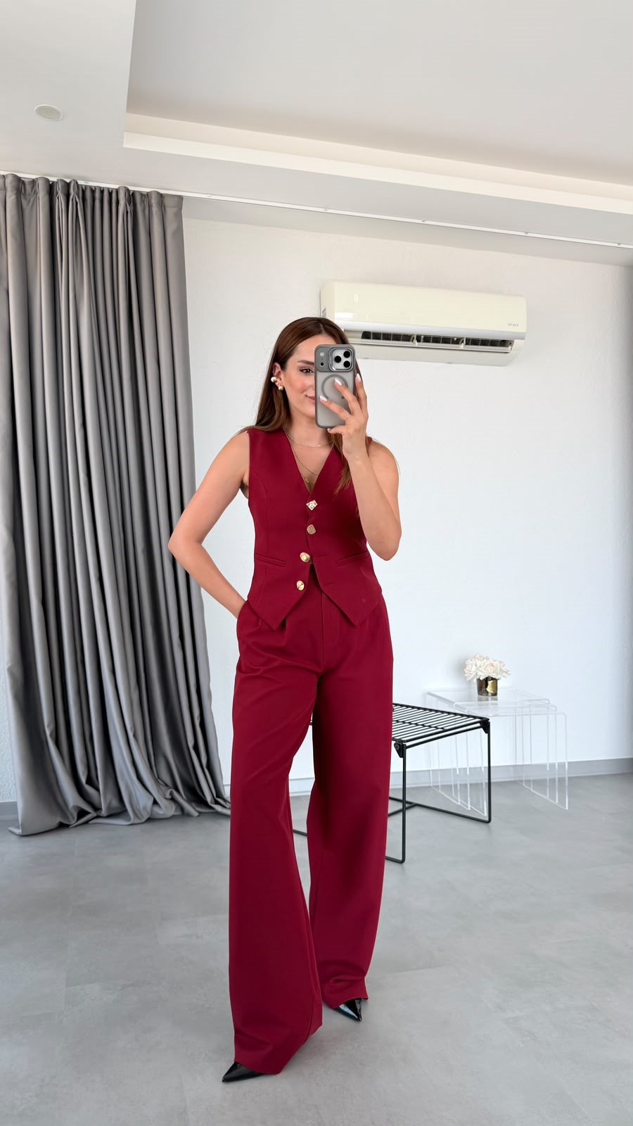 Bordo Venedik Gold Düğme Detaylı Yelek Pantolon Takım