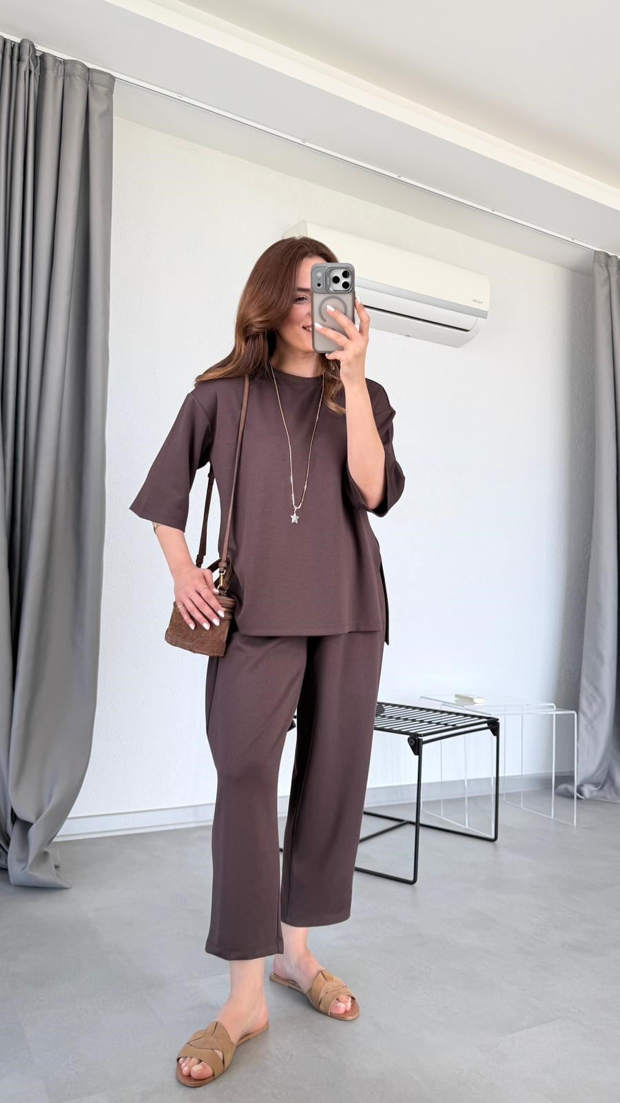 Kahve Daisy Yanları Yırtmaçlı Modal Takım