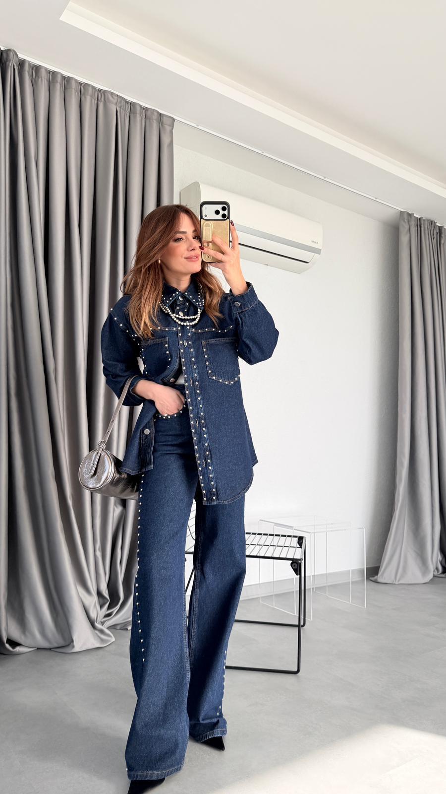Zımba Detaylı Denim Ceket Pantolon Takım