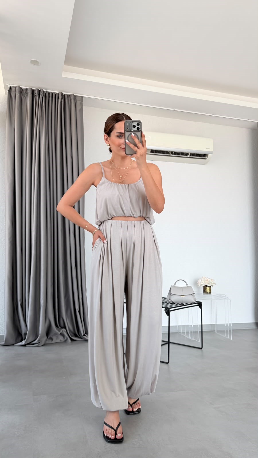 Taş Rengi Elba İp Askılı Bluz Pantolon Takım
