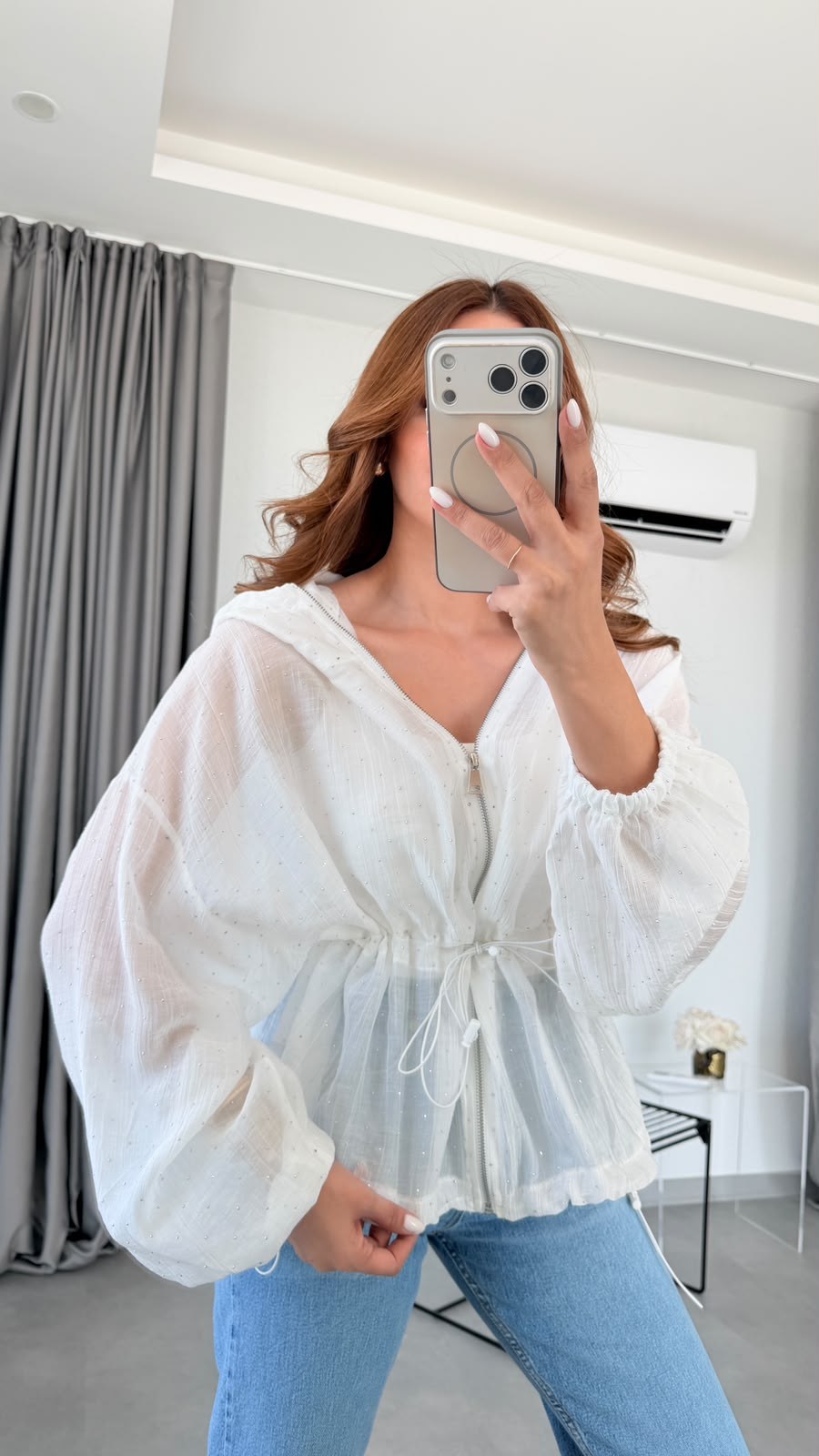 Beyaz Mianez Taşlı Rüzgarlık Ceket
