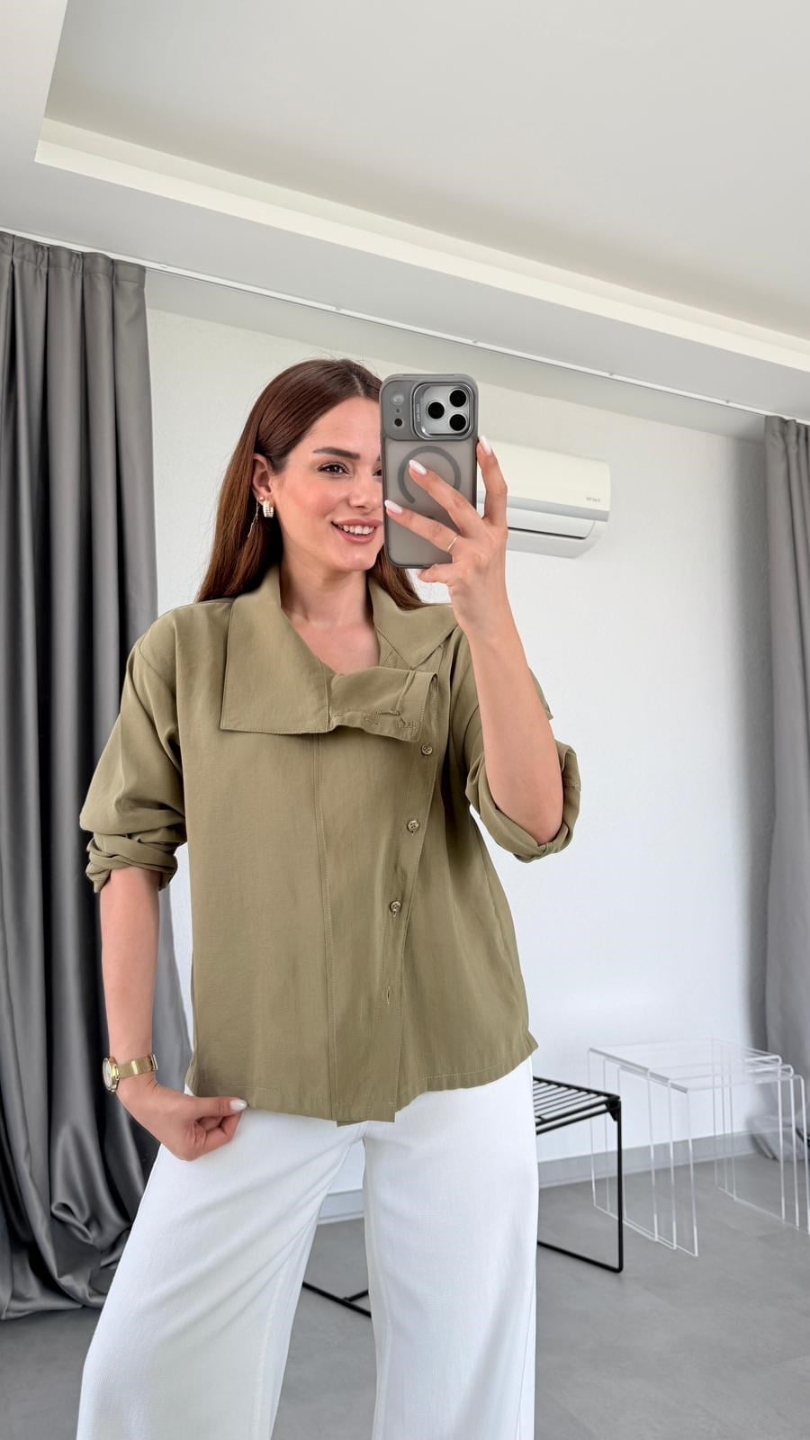 Haki Elsa Dik Yakalı Gömlek