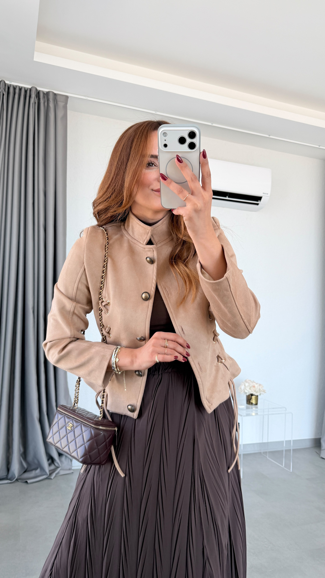 Kahve Loreto Süet Kuş Gözü Bağcık Detaylı Dik Yaka Ceket