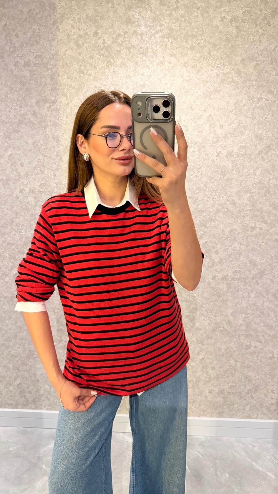 Kırmızı Vespera Çizgili Kazak