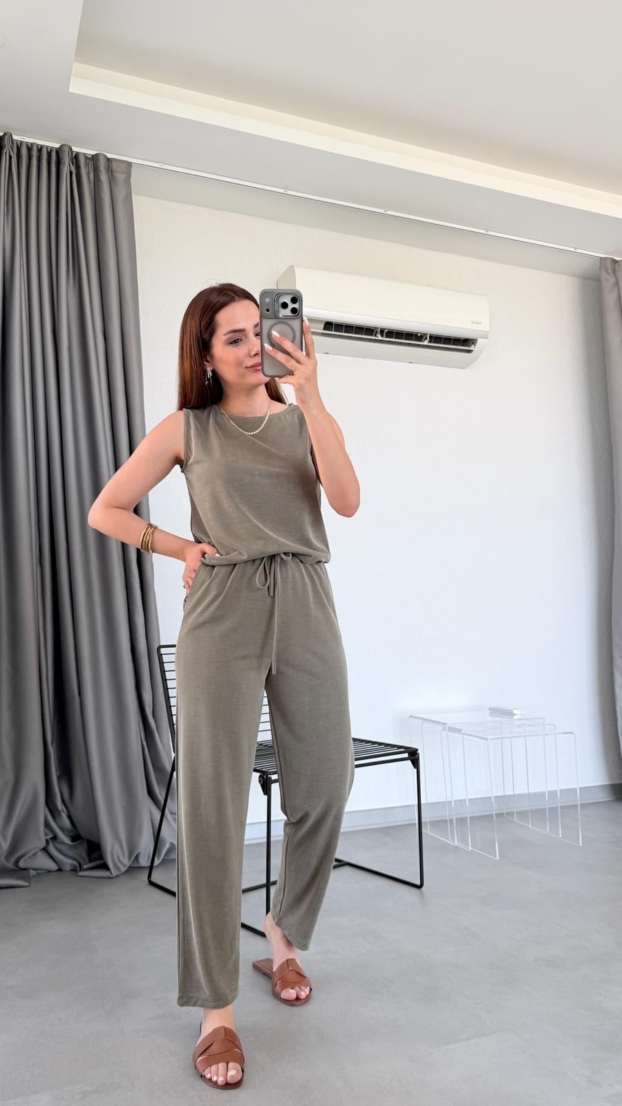 Haki Miya Sıfır Kol Bluz Pantolon Takım