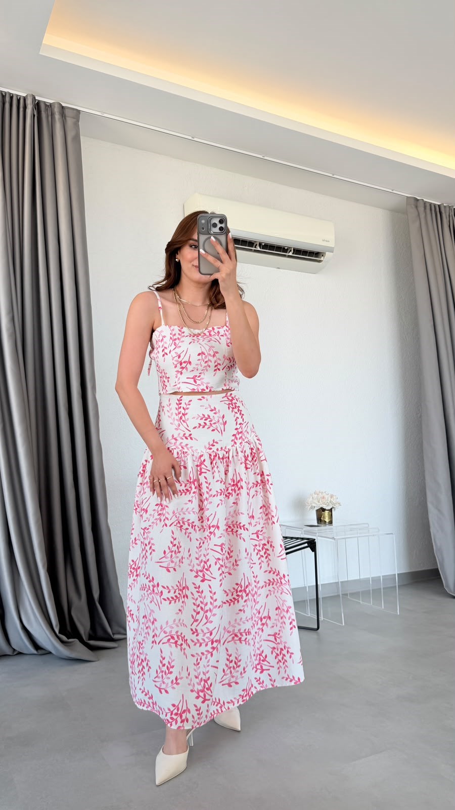 Pembe Çiçek Desenli Regina İp Askılı Crop Etek Takım