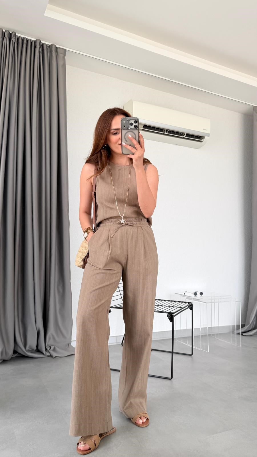 Kahve Freya Keten Sıfır Kol Bluz Pantolon Takım