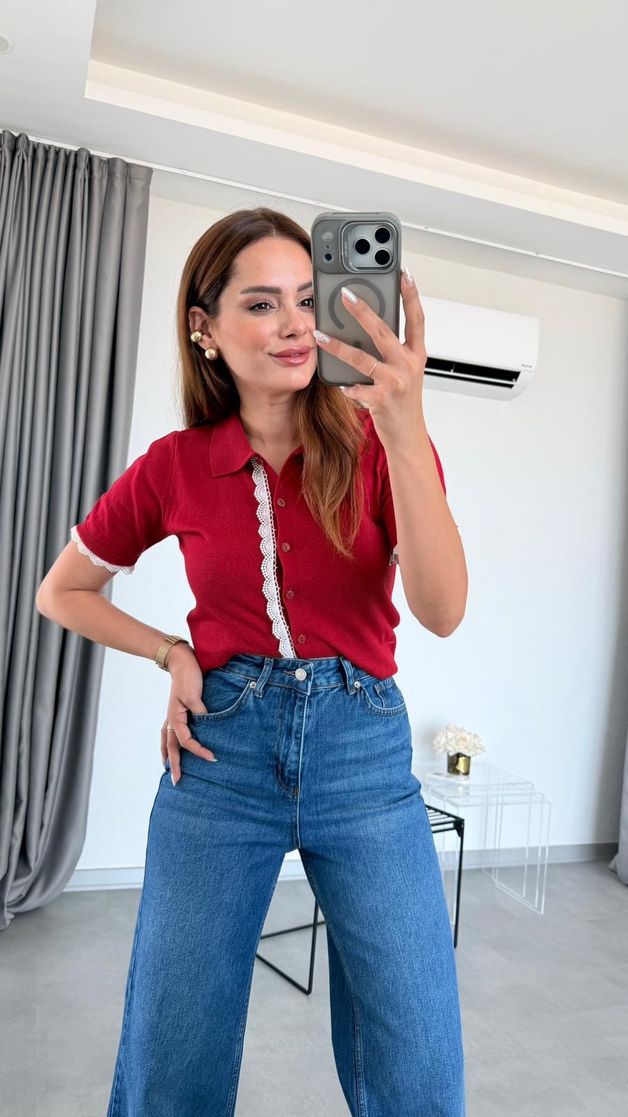 Kırmızı Britney Dantelli Yarım Kol Hırka
