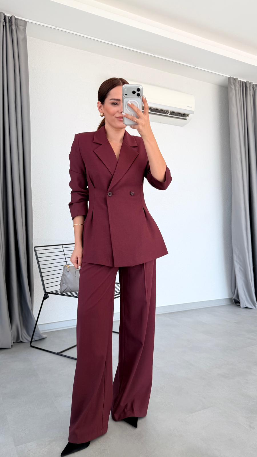 Pile Detaylı Blazer Ceket Pantalon Takım